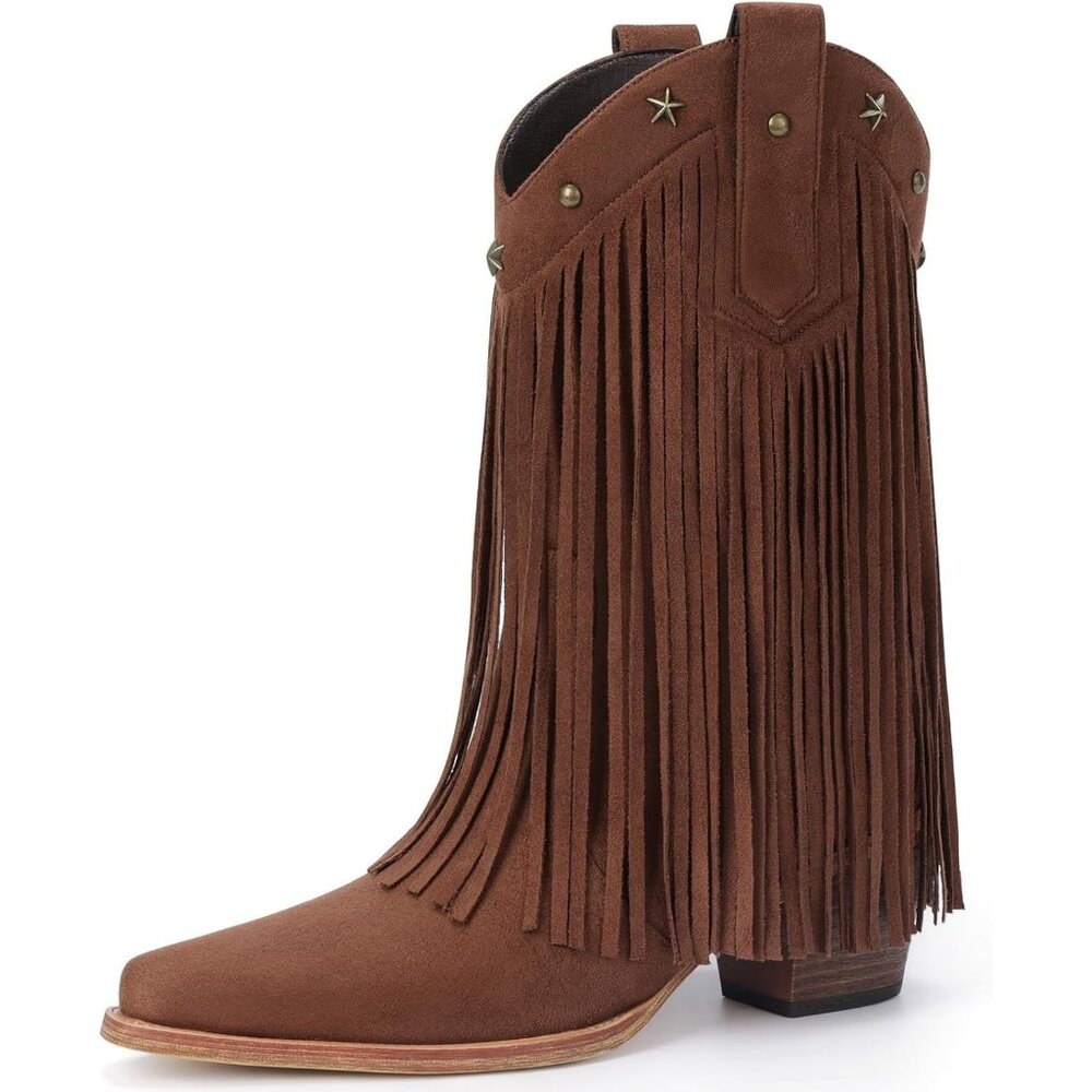 Women's Dark Brown Fringe Cowboy Mid Calf Cowgirl Pointed Chunky Heel Boots